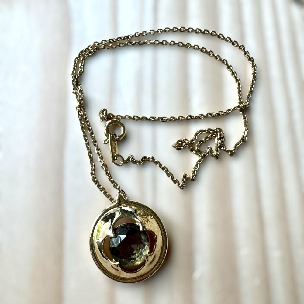 Vintage Crown Trifari Pendant Necklace 16 Inch Green Crystal Faceted Gold Plated